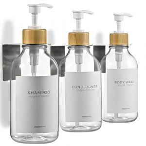 MaisoNovo Distributeur Savon Mural - Distributeur shampoing et Gel Douche - Lot de 3 Bouteilles en Plastique Transparent 500 ML, Pompe en Bambou Blanc - Distributeur Shampoing (Maisonovo, neuf)