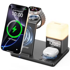 Augnner Station de charge inductive 6 en 1 pour iPhone séries 16/15/14/13/12/11, chargeur sans fil 6 en 1 avec lampe de chevet et réveil, chargeur sans fil compatible avec AirPods 4/3/2/Pro (azqkj, neuf)