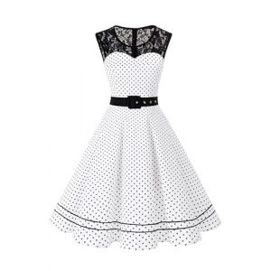 AXOE Femme Robe Vintage Années 50 Motifs Pois & Fleurs Ceinture Amovible Mariage Cocktail Tous Les Jours Blanc et Noir à Pois, Taille 50, 4XL (AXOE-FR, neuf)