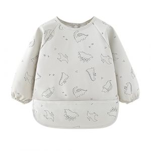 Amexo Bavoirs Bébé avec Manches Longues, Étanche Bavette de Sevrage avec BLW & Poches Facile à Nettoyer et Lavable en Machine, Imperméable Bib Bébé en PU pour Bébés Infants 6 à 36 Mois Blanc (Amoxike, neuf)