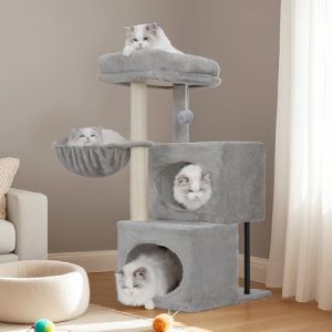 Heybly Arbre &agrave; Chat, 92 cm Petit Arbre &agrave; Chat Escalier avec Grande Plateforme, 2 Niches, Poteaux Enti&egrave;rement Gain&eacute;s de Sisal, Peluche avec Une Clochette, pour Int&eacute;rieur, Gris Clair HCT201SW (Heybly-FR, neuf)