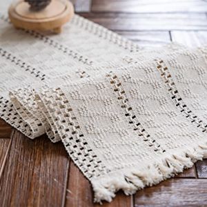 Weldomcor Chemin de table en macram&eacute; beige - Style boh&egrave;me - En coton et lin - Pompons - Rectangulaire - Dentelle crochet&eacute;e - Cuisine, vintage, ferme, boh&egrave;me - D&eacute;coration de table - 30 x 240 (Weldomcor EU, neuf)