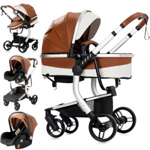 Reenborn Cuir PU Poussette 3 en 1, Poussette Bebe avec Réversible Deux Façons de Pousser, Pousette avec Cadre Aluminium Haute Paysage, Pousette 3 en 1 avec Conception Pliable en Un Clic (518 Khaki) (huangzhongguig, neuf)