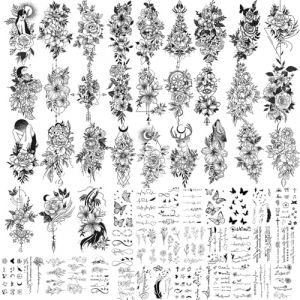 JOOTUEPO Tatouages Temporaires, 60 Feuilles Tatouage Ephemere Autocollants, Faux Tatouages Noirs pour Femmes et Filles, Tatouage Ephemere Imperméables pour Enfants Adultes Hommes et Femmes (Jootuepo, neuf)