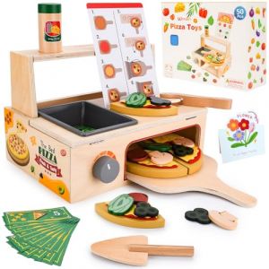ZUSUZU Jouet &agrave; Pizza en Bois,Set &agrave; Pizza en Bois,Set de Cuisson Pizzas en Boiss,50 Pi&egrave;ces Cuisine Enfant,Accessoire Jeu Alimentaire,Jeu de R&ocirc;le,Ustensile en Boiss pour Gar&ccedil;ons Filles de 3+ Ans (LIANA DECORATIVE S.R.L., neuf)