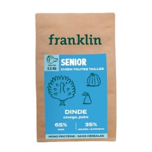 Franklin Protéinée – Croquettes Chien Senior – 2,5kg – 65% de Dinde – Mono-Protéine – sans céréales – Soin des articulations – Taille 13mm – Dinde, Courge, Poire (Franklin Pet Food, neuf)