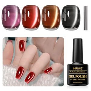 INPING Vernis Semi Permanent Magn&eacute;tique Cat Eye, 4 Couleurs Violet Rouge Marron Noir Gel Vernis &agrave; Ongles avec B&acirc;ton Magn&eacute;tique, Soak Off UV LED Crystal Gel Nail Polish Pour DIY Nail Art, 8 ML (An-Jing-Wen, neuf)