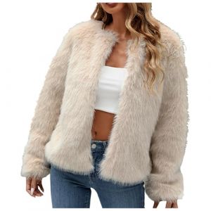 PAIDAXING Manteaux d'hiver en fausse fourrure pour femme de luxe ouvert sur le devant, court et &eacute;pais, manteau Cardiagn tendance, coupe ajust&eacute;e, veste en fourrure de f&ecirc;te 2024, beige, L (azefuzhunag, neuf)