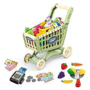 RedCrab Chariot de Courses Enfant, Ensemble de Jeu de Chariot de Courses Comprenant 64 Pièces Produits D'épicerie, Goûter, Fruits, Légumes, Accessoires de Magasin Cadeau de Jouet Éducatif (Vert,64pcs) (RedCrab -EU, neuf)