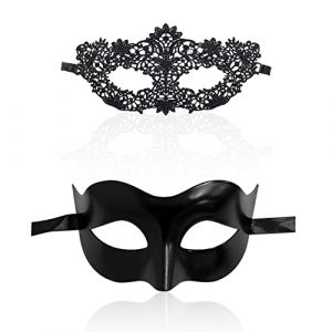Lot de 2 masques couples, 1 motif floral, 1 style classique noir pour une fête sexy élégante, carnaval Venise, Halloween, mascarade, demi-masque mystérieux avec les yeux bandés homme et femme (STACH MARIO LTD, neuf)