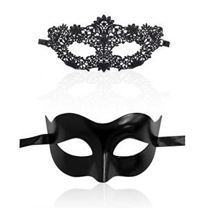 Lot de 2 masques couples, 1 motif floral, 1 style classique noir pour une fête sexy élégante, carnaval Venise, Halloween, mascarade, demi-masque mystérieux avec les yeux bandés homme et femme (FLYHIGHER STORE, neuf)