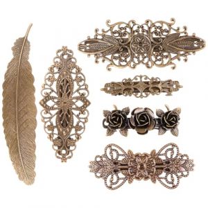 HOMSFOU Lot de 6 Barrettes Cheveux Vintage en Cuivre Pinces &agrave; Cheveux Style Europ&eacute;en Motifs Couronne Fleurs Plumage et Feuilles &Eacute;l&eacute;gants pour Mariage F&ecirc;te et Usage Quotidien (Xieheng, neuf)