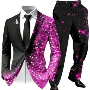 Foweknow Costume de No&euml;l pour homme 2 pi&egrave;ces moche costume de No&euml;l imprim&eacute; 3D veste de costume et pantalon de costume ensemble complet tenue de f&ecirc;te de No&euml;l costume de f&ecirc;te slim fit pour homme, rose (ROTPMS, neuf)
