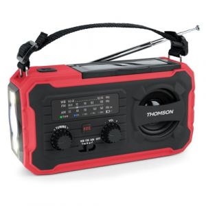 THOMSON Radio Solaire d’Urgence Portable, Survie Dynamo FM/AM, Lampe Torche LED, Alarme SOS, Batterie Rechargeable 4000mAh et Chargeur Téléphone USB-C, pour Camping, Secours - Rouge - RT280R (GamesJ, neuf)
