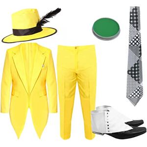 Costume d'homme masqu&eacute; pour adulte - XL - Veste et pantalon jaunes, chapeau jaune avec plume noire, cravate &agrave; motifs, Spats, maquillage vert - D&eacute;guisement de t&eacute;l&eacute;film des ann&eacute;es 90 pour adultes (ILFD GROUP LTD, neuf)