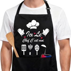 FHUZRE Tablier de Cuisine Homme Noir, Tablier Barbecue Personnalis&eacute; Humour Drole avec Poches, R&eacute;glable Tablier Cuisine BBQ Professionnel Femme Homme Cadeau Papa (FHUZRE, neuf)