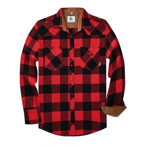 Dctop Chemise en Flanelle pour Homme - Manches Longues - Chemise de bûcheron à Carreaux - Bouton Pression - Coton - avec Poche - Coupe Droite - Décontractée, 1# Rouge/Noir, 4XL (fengtaoUS, neuf)