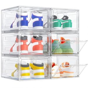TidyTrove Boîtes à chaussures, Lot de 6, Boîte à Chaussures en Plastique Transparent Empilable, Conteneurs Organisateurs de Chaussures Pliables et Robustes avec Porte pour Femmes/Hommes, Blanc (Osan Logistics, neuf)