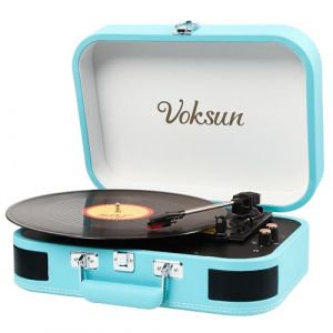 Platine Vinyle, VOKSUN Bluetooth Out Turntable Vintage Portable avec Haut-parleurs Intégrés, 3 Vitesses Lecteur de Vinyles USB pour Valises, Entrée Auxiliaire, Prise Vinyle RCA Auto-Stop (Bleu) (BELLE TING LIMITED, neuf)