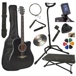 AMROVA Guitare Acoustique Folk 4/4 Adulte 41 Pouces + Support Guitare + Repose Pied + 9 Accessoires Cour Vid&eacute;o et CD (Noir) (Amrova FR, neuf)