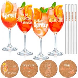 YYSWSAKY Coffret cadeau 4 verres Aperol Spritz - Verres Aperol de qualit&eacute; sup&eacute;rieure | Pailles en verre It&rsquo;s Aperol O&rsquo;Clock | Sous-verres en li&egrave;ge, id&eacute;al pour les amateurs d'Aperol (ZXXGER LIMITED., neuf)