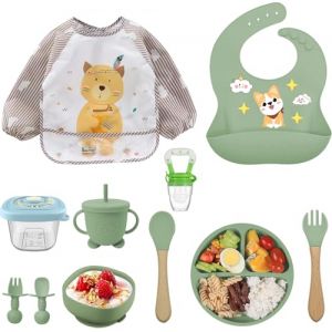 Assiette Bebe,10 pièces Coffret Repas Bebe, Assiette Ventouse Silicone Antiderapant avec Compartiments, bebe Ventouse Bol, bebe Bavoir, Cuillère d’apprentissage, bebe Assiette Enfant Set (KUN-VEGY Trade 2000 Kft, neuf)