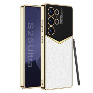 Clatoxi Coque en Cuir pour Samsung Galaxy S25 Ultra avec Cadre Galvanisé, Vintage de Luxe en PU Antidérapant Résistant Aux Chocs Coque de Protection pour Samsung Galaxy S25 Ultra 5G (Blanc) (Aoteniz, neuf)