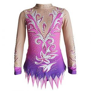 LIUHUO Body de gymnastique rythmique filles violet impression de luxe flash diamant col rond sans manches costume de comp&eacute;tition, aubergine, 120 cm (Ice-Time, neuf)