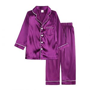 Verve Jelly Garçons Filles Satin Pyjama Ensemble Soie Pjs Chemise À Manches Longues Pantalon Long Enfants 2 Pièces Vêtements De Nuit Boutonné Vêtements De Nuit Violet 160 12-13 Ans (kuersi eu, neuf)