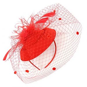 Bibi avec plumes sur un bandeau et une fleur fourchée - Serre-tête bibi de mariage pour cocktail, goûter, tendance et élégant - En maille - Pour mariage - Rouge - Taille unique (fhjvbt, neuf)