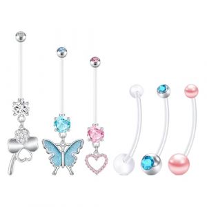FECTAS Piercing de nombril grossesse 14-38 mm, Bijoux de maternit&eacute; en plastique doux et flexible, C&oelig;ur, Perle, Papillon, 15g, 25mm (Jinxiu Jewelry Factory, neuf)