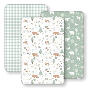 FIEMOL Drap Housse Cododo 50x83 cm, Lot de 3 Microfibre Ultra Douce et Lisse &Eacute;lastique sur Tout Le Tour - pour Matelas de Lit Berceau de 50x80 cm &agrave; 55x90 cm, Ours des Bois Vert (FUJU-EU, neuf)