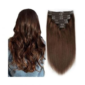 Extensions de cheveux à clipser Extensions de cheveux brun chocolat #4 10-26 pouces, extensions de cheveux humains à clips, cheveux lisses Remy, extensions de cheveux for femmes Clip d'extensions de c (furuiouzhouya, neuf)
