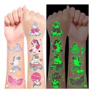 Acevegue 20 Feuilles Cadeaux Licorne pour Fille, Licorne Tatouage Fluorescent Enfant Fille Autocollant Jouet Licorne, Déco licorne Cadeau Anniversaire Enfants Invites Pochette Anniversaire Enfant (MaoKaiD, neuf)