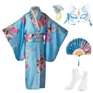KRUIHAN Kimono Enfant Deguisement Japonaise Fille Robe Japonaise pour la Fête et le Spectacle,Satin Cosplay Anime avec Eventail Pliant,Chaussettes Tabi,Masque de Renard et Epingle à Cheveux,Bleu,130 (zhruiqun, neuf)
