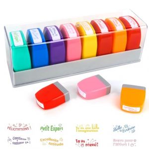 RNPKZ Tampon Encreur Enseignant Français, Lot de 8 Tampon Encreur pour Enfant,Tampons Auto Encreur Tampons Enseignant Maternelle Cadeau pour Professeur TamponEcole avec Boîte pour Encourager Élèves(B) (bai wei ju shangmao, neuf)
