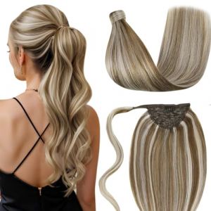 LaaVoo Extension Queue de Cheval Naturel Blonde Extension Naturel Cheveux Extension Queue de Cheval Highlight Light Brun Mixed Platinum Blonde 35cm/70g Extension Cheveux Naturel Blond #P8/60 (Laavoo, neuf)