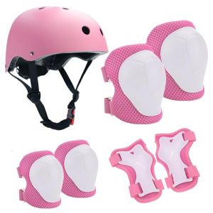 HTRTRR Casque de Protection pour Enfant avec Casque réglable, genouillères, coudières et Repose-Poignets pour Skateboard, vélo, Patinage, Scooter et Autres Sports de Plein air (Rose) (TAMMY TRADING LIMITED, neuf)