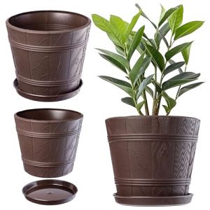 KADAX Pot de Fleurs en Plastique avec Soucoupe pour Int&eacute;rieur et Ext&eacute;rieur, Catche-Pot Imitant l'aspect du Bois, Con&ccedil;u en Forme de Tonneau (Marron, 17 cm) (KADAX, neuf)