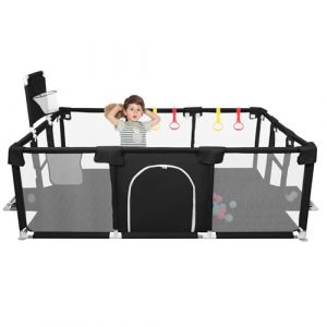 OHMG 180X120CM Parc Bebe,Parc Enfant,Grand Parc Bebe avec Barrières,Parc Bébé en Tissu Oxford, Parc De Jeux Bébé pour Appartement,Basketball Rack,50 Balles,4 Anneaux (Noir, 180 * 120 * 66cm) (jusiZL, neuf)