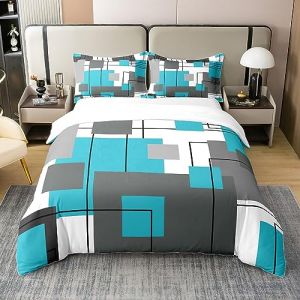 100% Coton Housse de Couette 140x200 Motif Géométrique, Ensemble de Literie Gris Sarcelle, Housse de Couette Géométrique Noire Grise Turquoise pour Enfants Adols Adultes, 1 Taie d'oreiller (Suzhou yiyanyun e-commerce Co., Ltd, neuf)