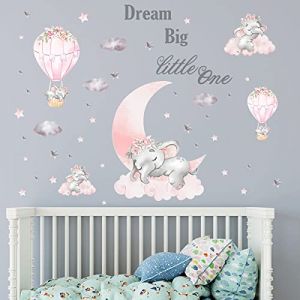 Stickers Muraux Éléphant Rose, Autocollants Muraux Montgolfière Lune Étoiles Nuages, Décoration Murale pour Chambre Enfants Salon Salle de Bain (SHUCHING, neuf)