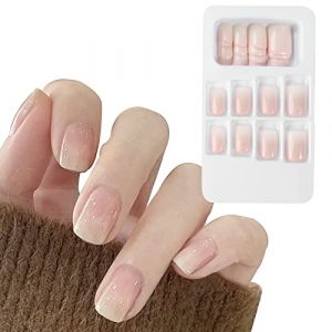 24PCS Faux Ongles Courts Rose Blanc Sticker Nail Art Couverture Compl&egrave;te avec Autocollant &agrave; Ongles Accessoires Bricolage Ongle Artificiels Carr&eacute;s avec Colle Cadeau Femme Fille (Wei Er TongMaoYi, neuf)