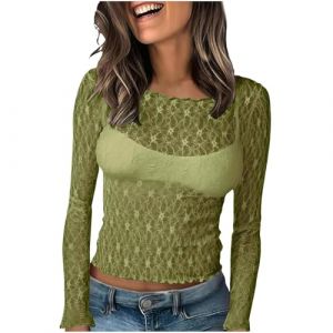 Haut Dentelle Femme Chic et Elegant Chemisier Dentelle Florale Transparent Col Montant Manche Longue Bodysuit Haut Sexy Femme Clubwear Mode D&eacute;contract&eacute; A_Vert, M (Zawalud, neuf)