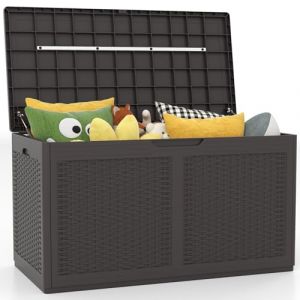 GOPLUS Coffre de Rangement Extérieur Étanche 380 L, Coffre Banc Jardin Exterieur avec 2 Roues, pour Balcon Terrasse, Coussins, Jardinage, Outils, Accessoires, Charge 200KG (Marron,111x56x61-380L) (Augenstern24, neuf)