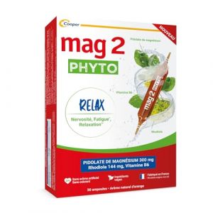 MAG 2 – Phyto Relax - Magnésium 300 mg, vitamine B6 et rhodiola - Stress et relaxant - Arôme naturel d'orange - Complément alimentaire - Programme 15 jours - 30 ampoules (Cocooncenter, neuf)