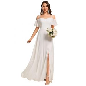 Ever-Pretty Robe de Soir&eacute;e Longue Femme &Eacute;paules D&eacute;nud&eacute;es &agrave; Bretelles &agrave; Volants Fendue en Mousseline Fluide Blanc 48 (Ever Pretty Uk, neuf)