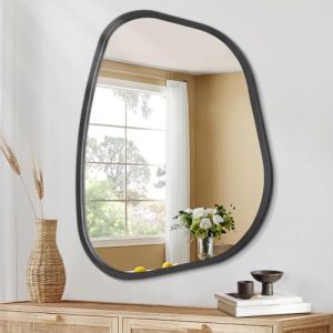 HLFMVWE Grand miroir asymétrique noir - 50 x 40 cm - Miroir mural ovale irrégulier - Cadre en bois moderne - Miroir mural décoratif pour salon, chambre à coucher, salle de bain (HLFMVWE, neuf)