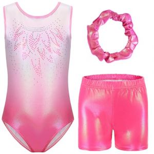 Boteria Kiscorpse Justaucorps de Gymnastique pour Filles Trois Pi&egrave;ces Maillots de Gymnastique Gymnastique &agrave; Sans Manche avec Short et Bandeau (Gradient Rose-sans anche, 9-10 ans) (AYHPKJ, neuf)