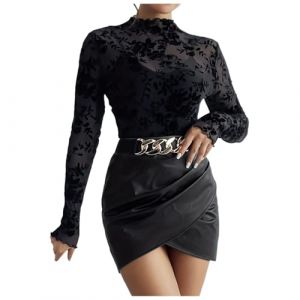 Haut Dentelle Femme Manche Longue, Top Sexy Col Montant-Tunique Grande Taille Transparent Tee Shirt Moulant Slim Fit Chic Et &Eacute;L&eacute;Gant Casual Classique Pullover Mode Streetwear Quotidien (LOSSLO(Livraison 5-14 jours), neuf)